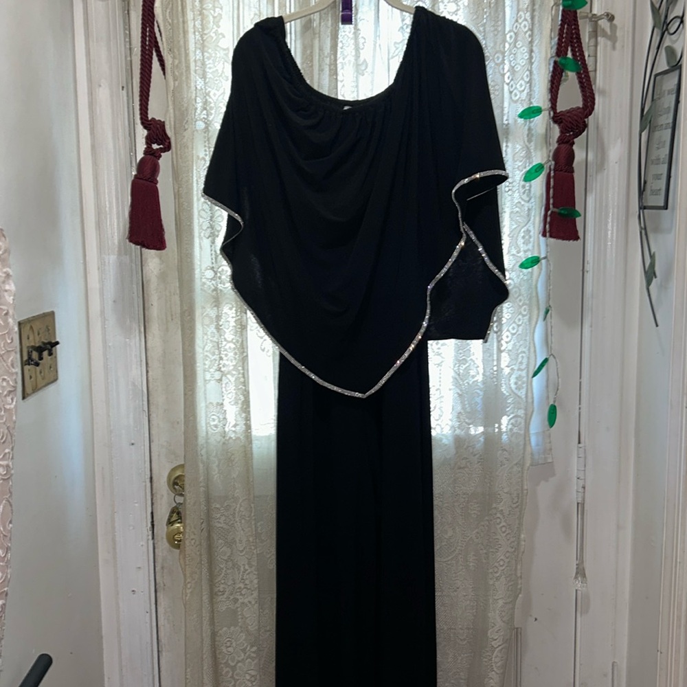 CHAUS-LOVELY,TIMELESS BLACK NYLON RHINESTONE TRIMMED JUMPSUIT